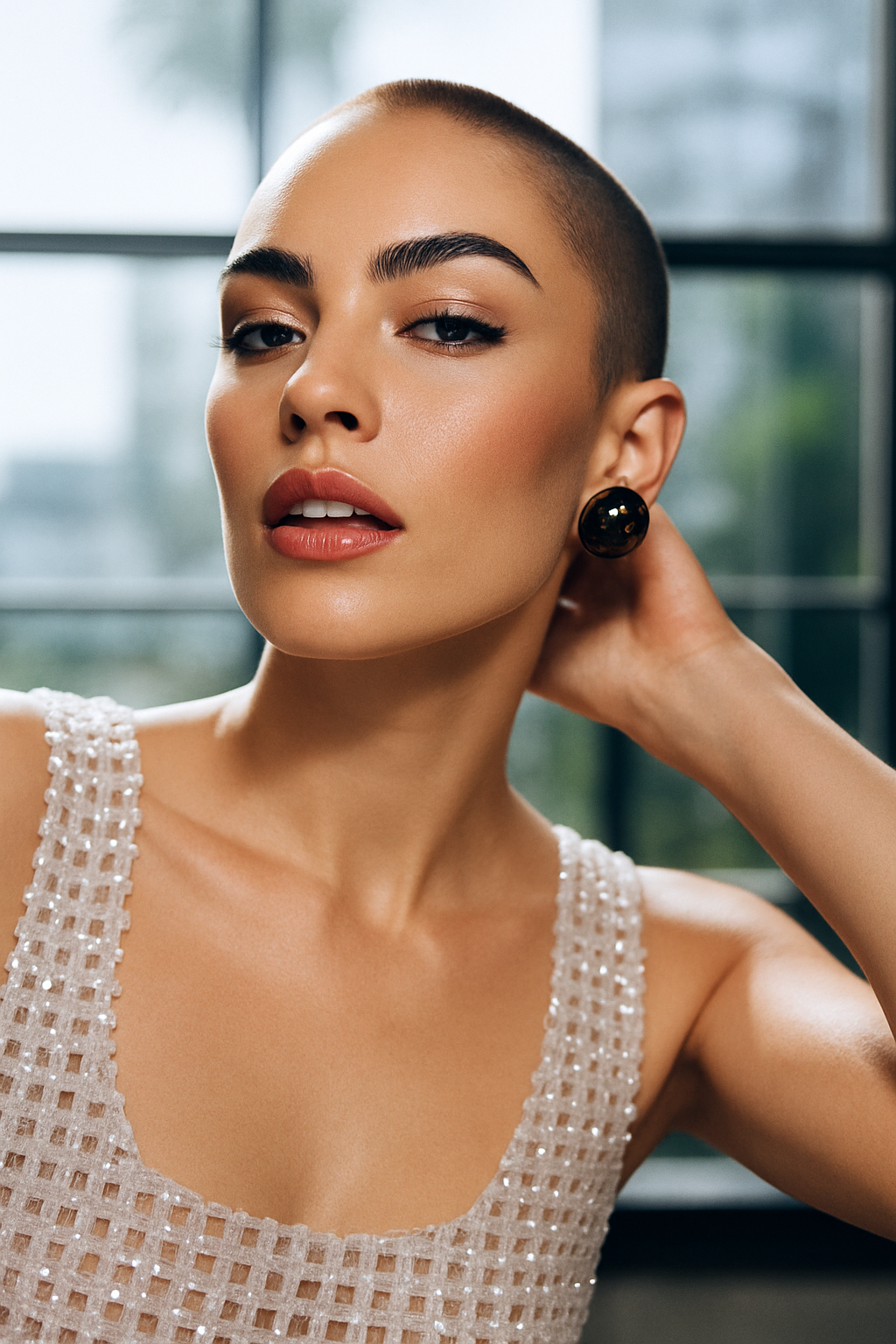 A portrait of a woman with elegant makeup and a shaved head, looking confidently at the camera.